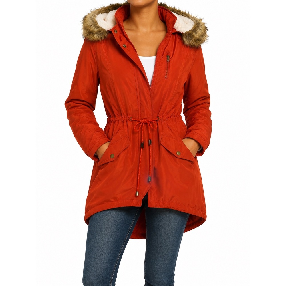 Charlotte Russe Women's Orange Faux Fur Hooded Parka Jacket Fishtail Hem Size M